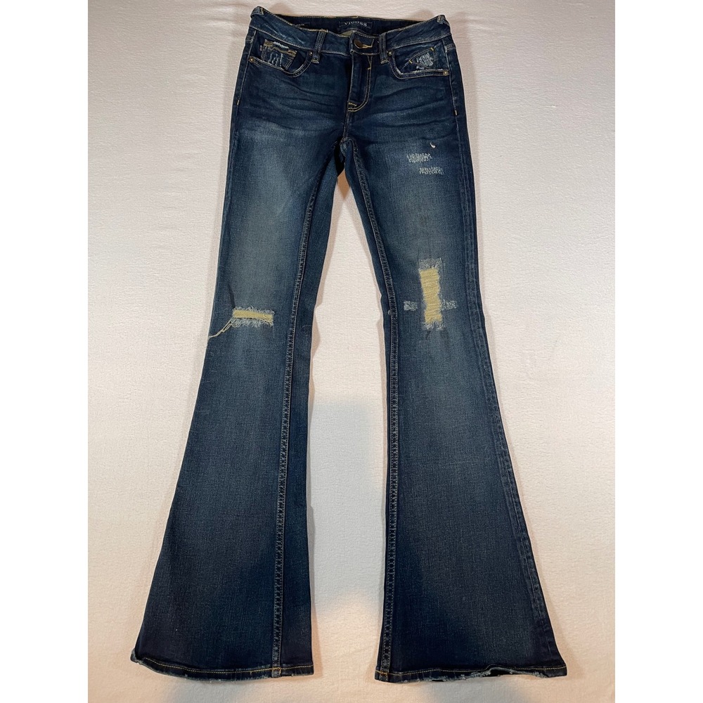 Vigoss The Jagger Flare Jeans Dark Wash Distressed Low Rise Denim 24x32